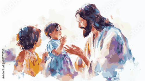Watercolor-style illustration of Jesus blessing children, with a colorful and joyful atmosphere. The scene features a canvas texture, evoking a sense of warmth and divine love, perfect for spiritual a