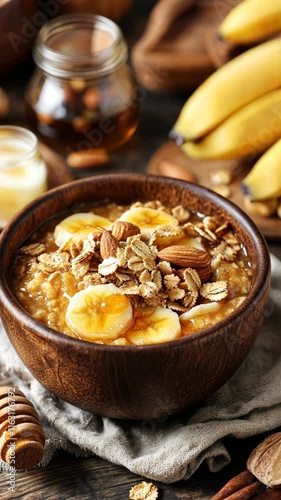 Healthy breakfast bowl with oatmeal, bananas, nuts, and honey served on a wooden table