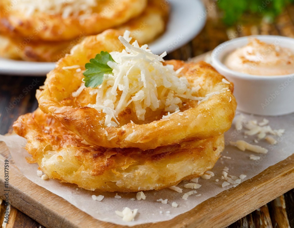 Golden Langos Fried Dough with Garlic and Cheese Golden Langos Fried Dough with Garlic and Cheese