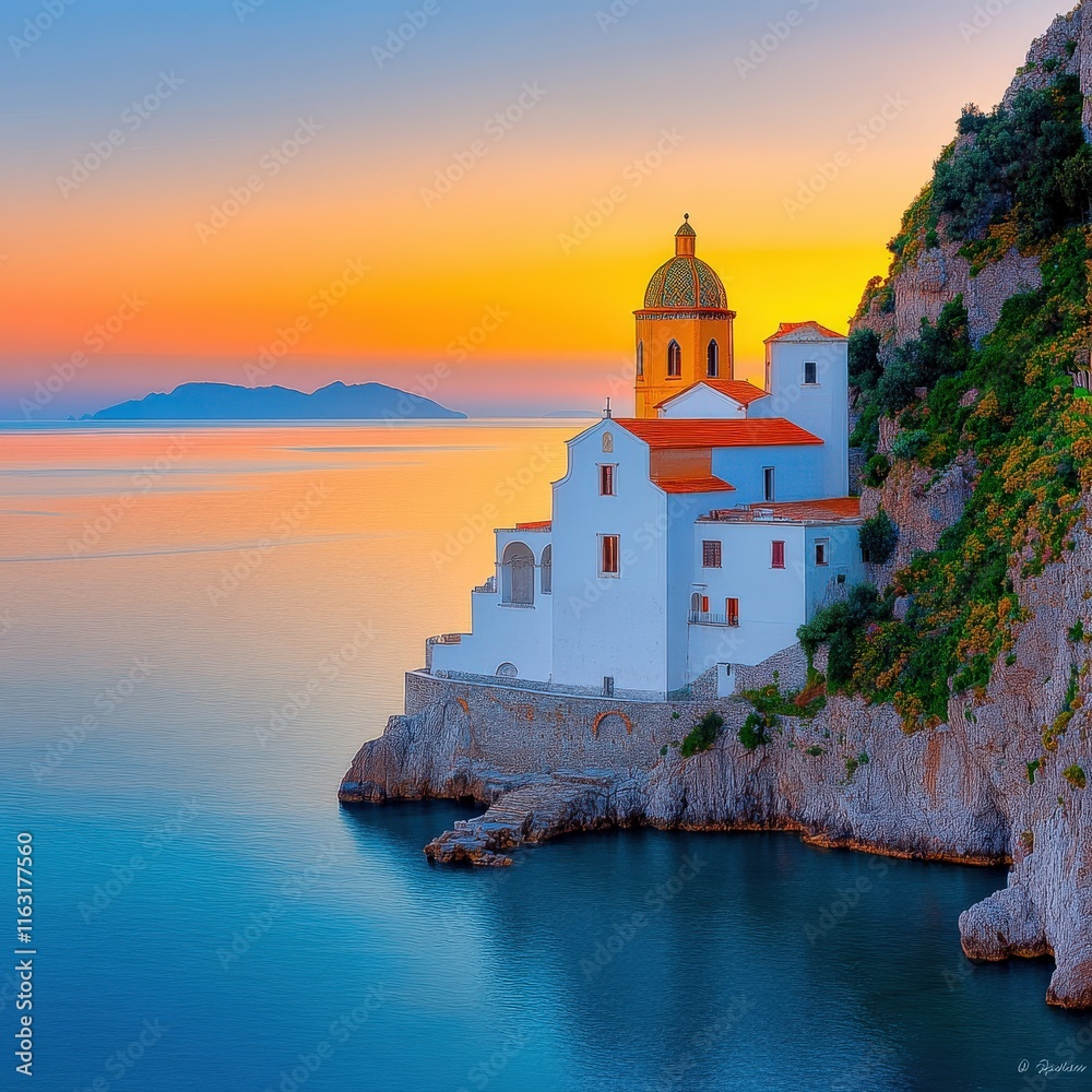 Fototapeta premium [Serene coastal landscape with picturesque white church and clock tower] Serene Coastal Church at Sunset Traditional White Architecture Against Soft Blue Ocean Skies