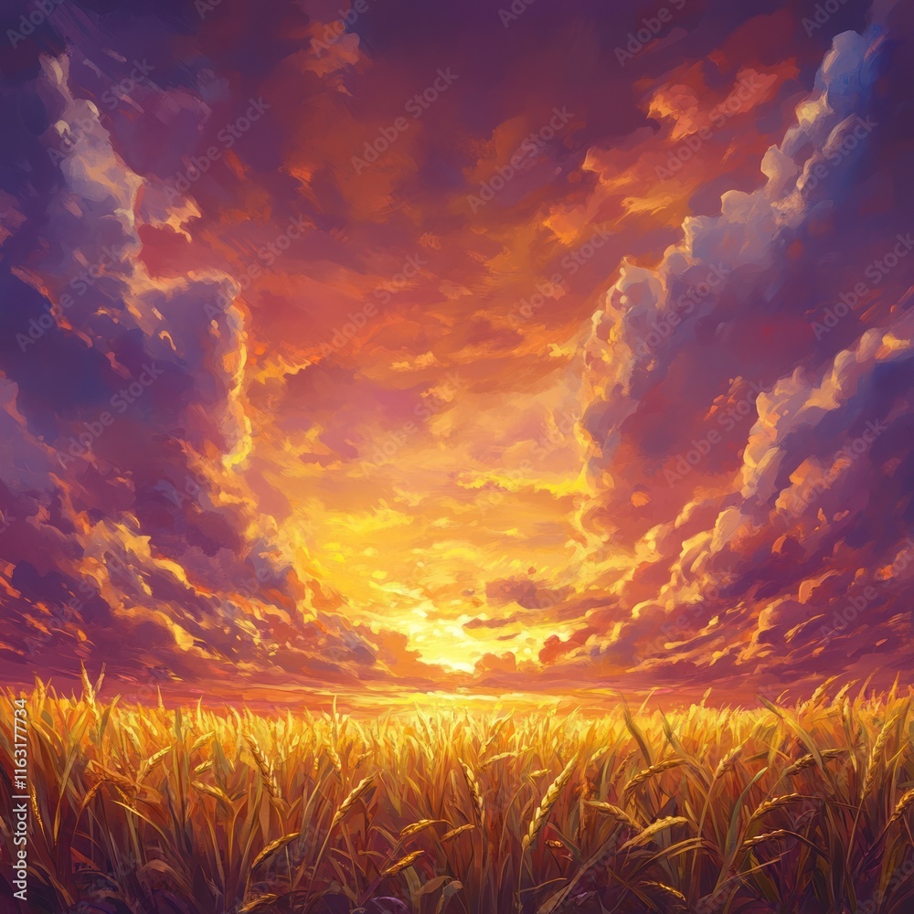 Fototapeta premium A golden wheat field under a soft glowing sunrise, calm and warm,
