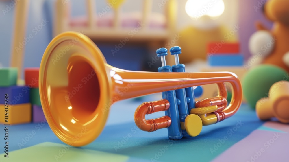 Colorful Toy Trumpet in a Playful Nursery Setting A Vibrant and Joyful Scene of Childhood Imagination Colorful Toy Trumpet in a Playful Nursery Setting A Vibrant and Joyful Scene of Childhood Imagination