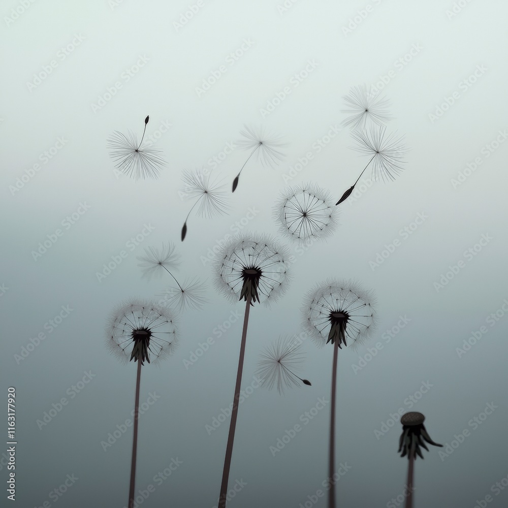 Obraz premium Elegant Dandelion Seeds Floating in Gentle Breeze Serenity Nature Background