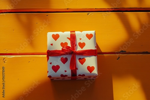 Valentine or other holiday handmade present in paper with red hearts and gifts box in holiday wrapper. Present box of gift on orange wooden table top view with generative ai