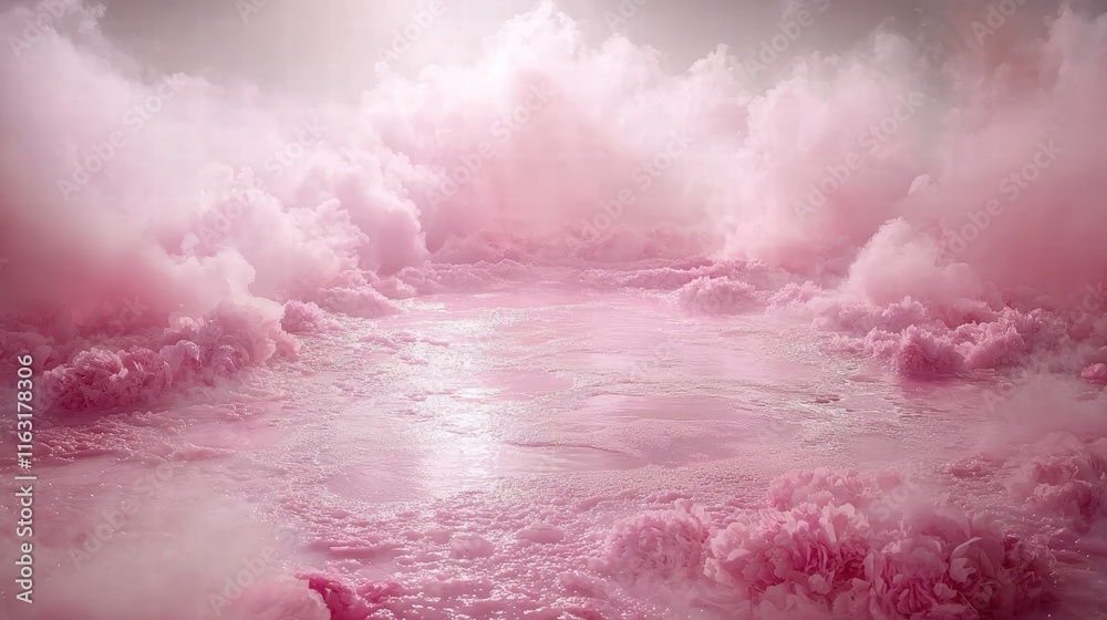 Surreal Pink Clouds Over Calm Water Surface in Dreamy Landscape Surreal Pink Clouds Over Calm Water Surface in Dreamy Landscape