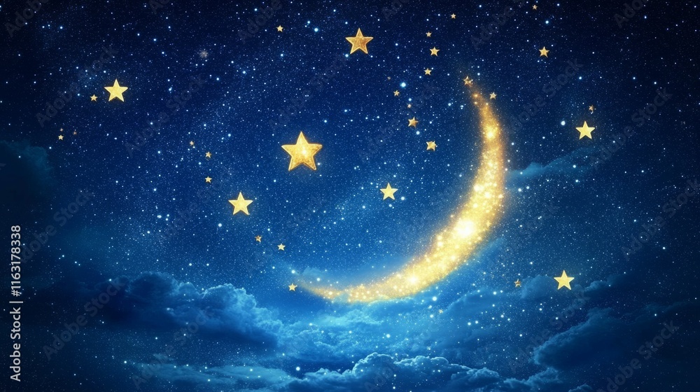 Naklejka premium Magical night sky with a crescent moon and twinkling stars. Dreamy, celestial scene.