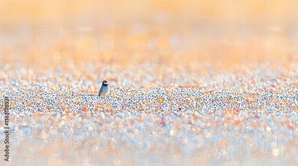 Bird Among Colorful Wildflowers in Soft Focus Background Bird Among Colorful Wildflowers in Soft Focus Background