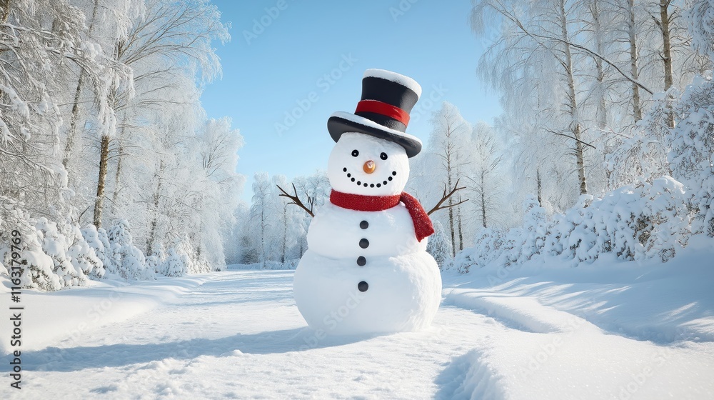 Cheerful snowman stands in snowy forest. Winter scenery under blue sky. Snow covered trees create festive atmosphere. Sunny day. Snowman wears hat, scarf. Playful, whimsical. Perfect for holiday Cheerful snowman stands in snowy forest. Winter scenery under blue sky. Snow covered trees create festive atmosphere. Sunny day. Snowman wears hat, scarf. Playful, whimsical. Perfect for holiday