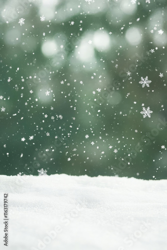 Snowflakes gently falling on snowy landscape, creating serene winter scene