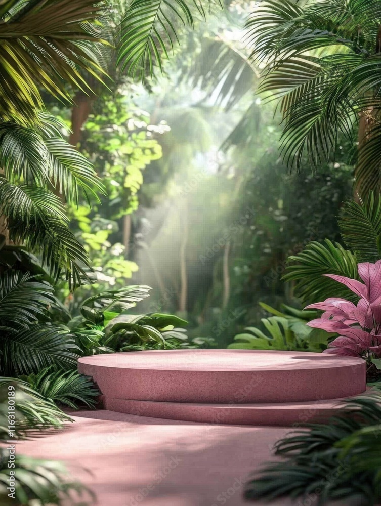 A serene jungle pathway with lush greenery and a pink stone platform. A serene jungle pathway with lush greenery and a pink stone platform.