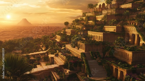 The Hanging Gardens of Babylon: A Golden Sunset Over Ancient Wonder photo