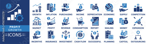 Profit Growth icon set. Containing financial, investment, success, economy, opportunity and more. Solid vector icons collection