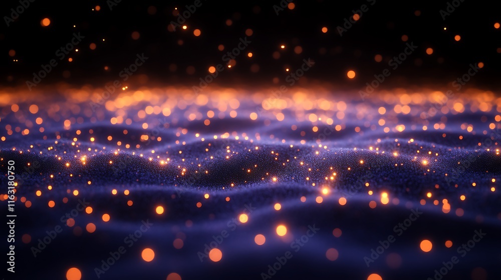 Obraz premium Glowing Particles Illuminate Dark Wavy Surface