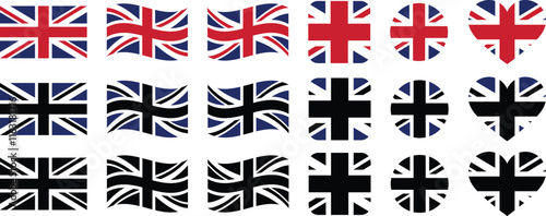 British flag designs in various styles and shapes. British flag icon.