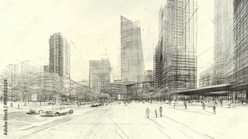 Obraz premium Sketch of a modern city skyline with people walking on a wide street.