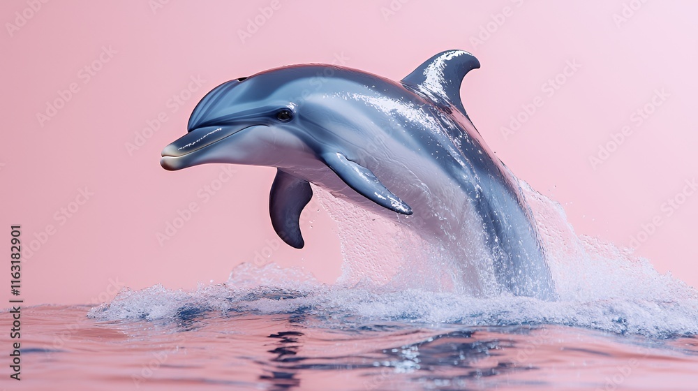 Fototapeta premium Striped Dolphin Leaping in Pink Waters: A Captivating Aquatic Ballet