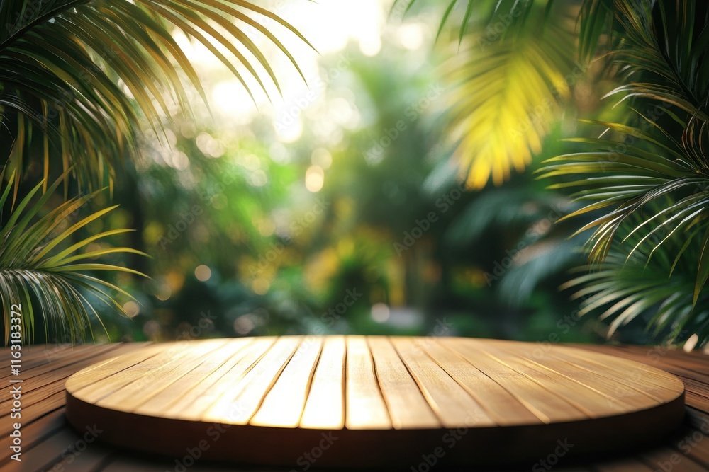 A wooden platform surrounded by lush greenery, creating a serene and inviting atmosphere. A wooden platform surrounded by lush greenery, creating a serene and inviting atmosphere.