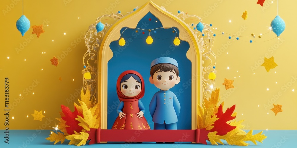 Naklejka premium Adorable 3D Animated Couple in Festive Islamic Archway Setting for Eid