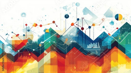 Abstract data visualization with vibrant colors and geometric shapes representing trends and analysis.