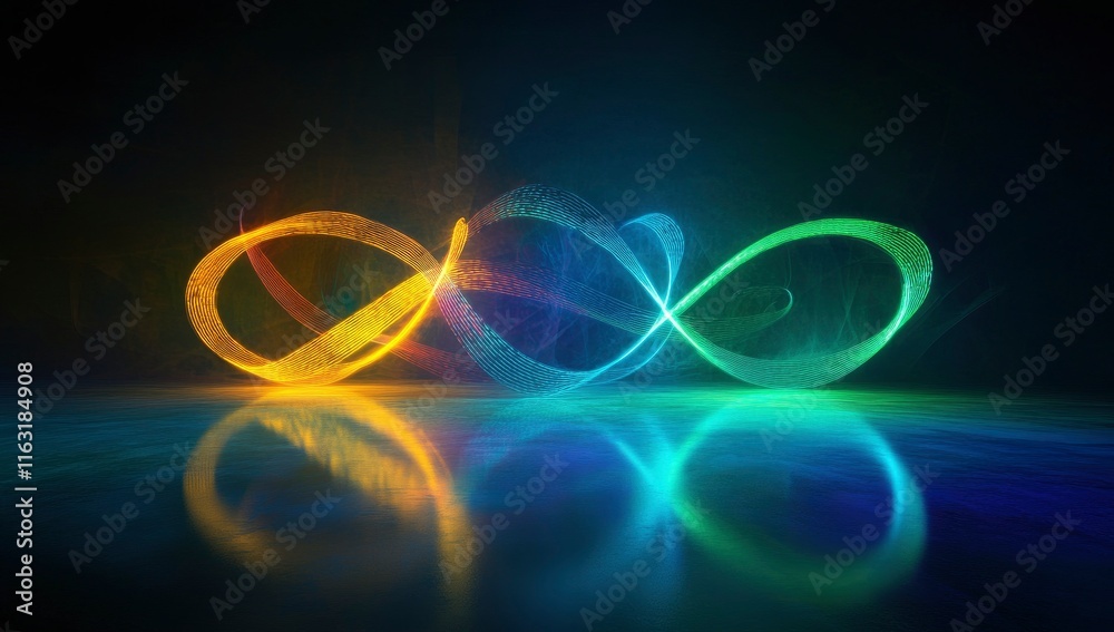 3D rendering of glowing neon light lines on a dark background with reflection and floor, in blue, green, and yellow colors 3D rendering of glowing neon light lines on a dark background with reflection and floor, in blue, green, and yellow colors