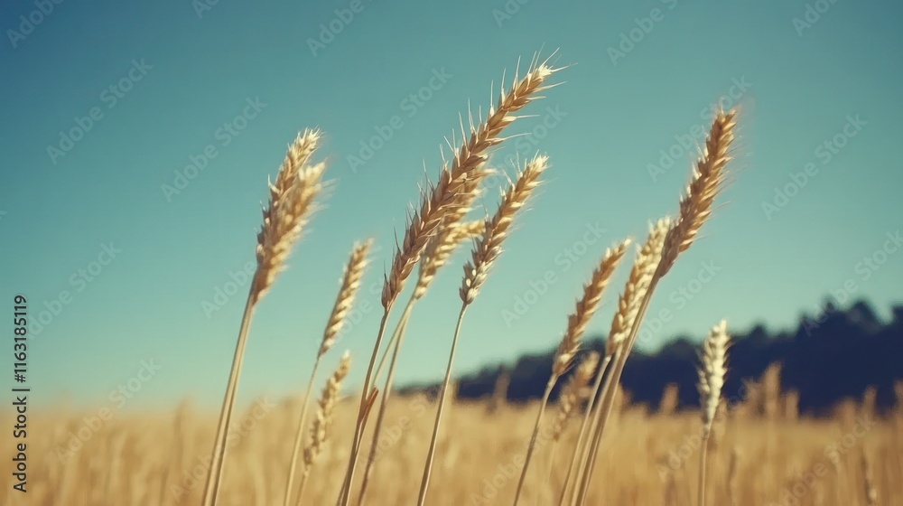 Fototapeta premium A golden wheat field swaying in the wind under a clear blue sky 