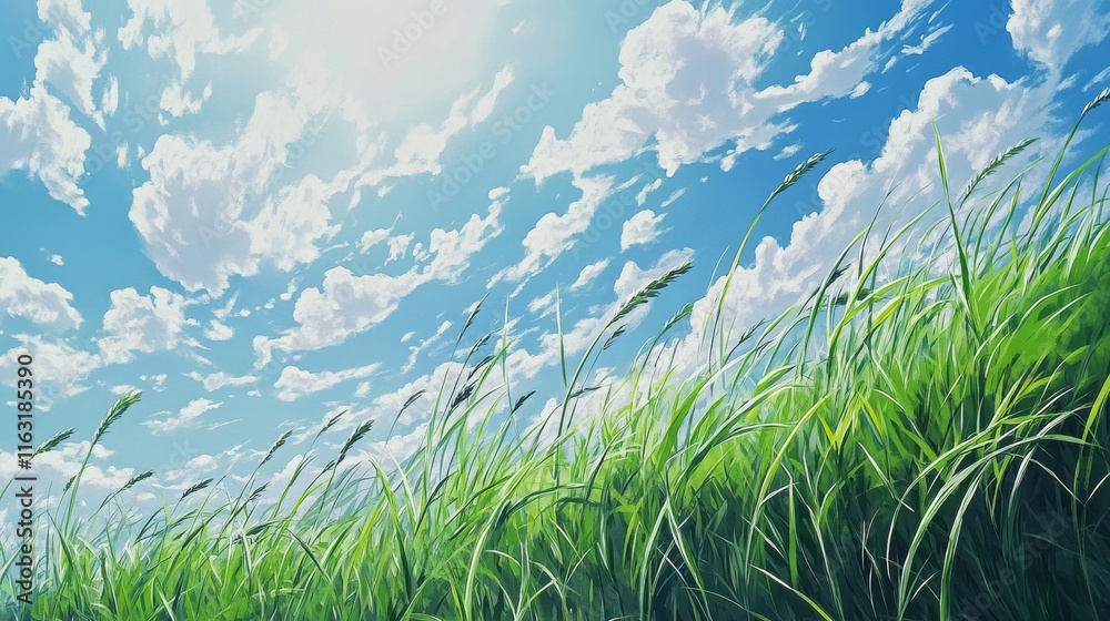 4.Low view of tall green grass extending upwards toward a bright sky filled with soft white clouds; the sunlight illuminates each blade, capturing the movement and texture of the grass against the 4.Low view of tall green grass extending upwards toward a bright sky filled with soft white clouds; the sunlight illuminates each blade, capturing the movement and texture of the grass against the
