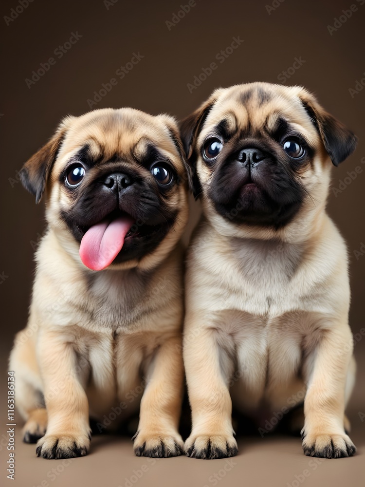 Adorable Pug Puppies Two Sweet Companions, Playful Poses, Brown Background. Generative AI Adorable Pug Puppies Two Sweet Companions, Playful Poses, Brown Background. Generative AI