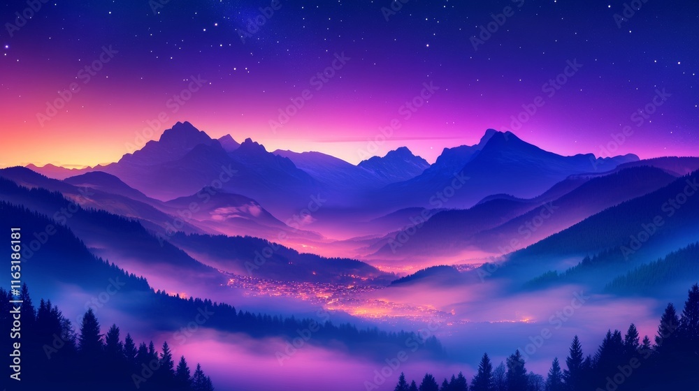 19.Mountains in fog at beautiful night in autumn in Dolomites, Italy. Landscape with alpine mountain valley, low clouds, forest, purple sky with stars, city illumination at sunset: 19.Mountains in fog at beautiful night in autumn in Dolomites, Italy. Landscape with alpine mountain valley, low clouds, forest, purple sky with stars, city illumination at sunset: