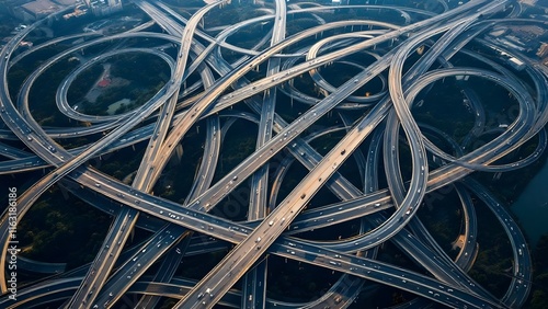 Aerial View of Complex Urban Highway Interchange Network System. Generative AI