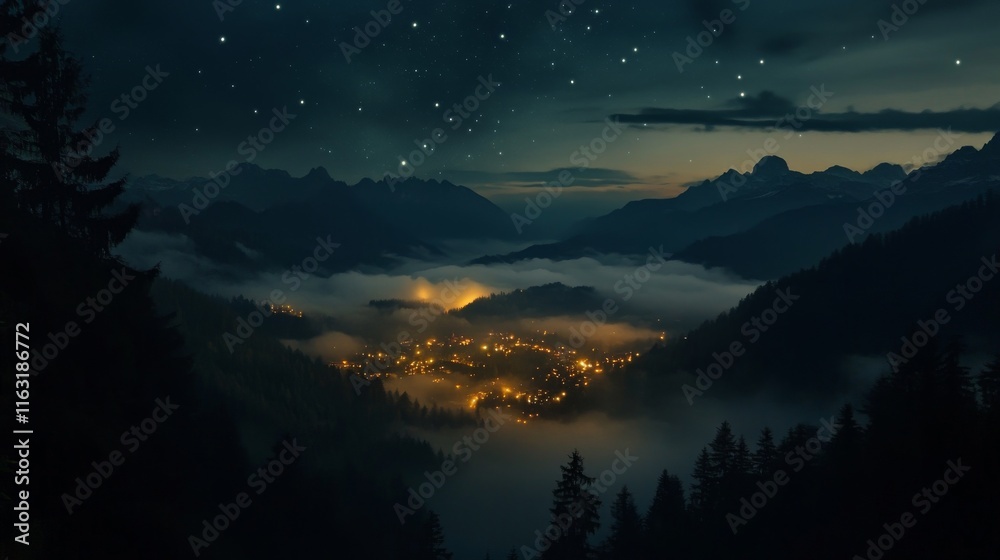 Fototapeta premium 22.Fog-covered mountains under a dusky autumn sky in the Dolomites, with stars beginning to shimmer above; scattered city lights below add warmth to the shadowed valley, surrounded by dense forest