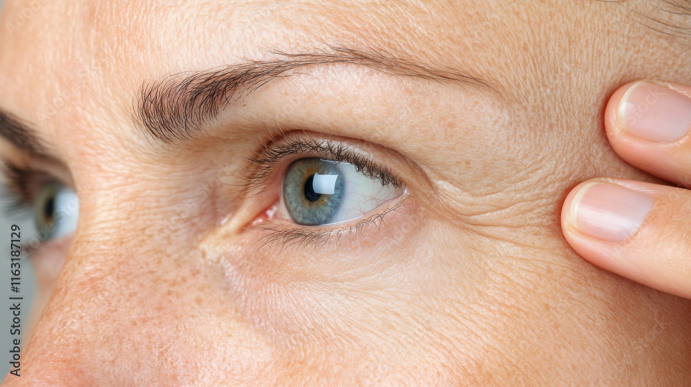 Obraz premium Extreme close up of mature woman face, showcasing fine lines and skin texture around eye area, highlighting natural beauty and aging gracefully
