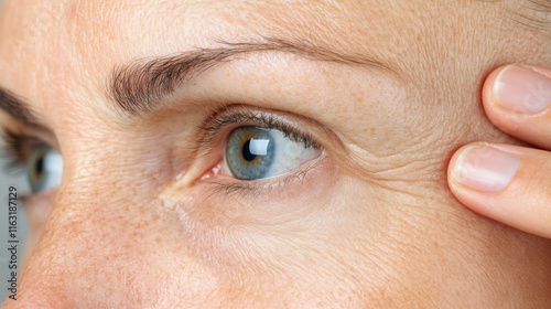 Extreme close up of mature woman face, showcasing fine lines and skin texture around eye area, highlighting natural beauty and aging gracefully