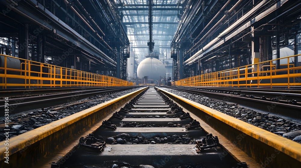 Fototapeta premium A photograph of an industrial interior, featuring steel structures and yellow guardrail walkways over tracks leading to large tanks filled with light gray oil in the background. The scene is 
