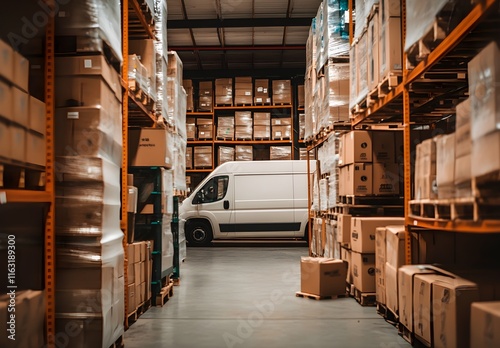 A white van is parked in the background of an empty warehouse with pallets and boxes, a photo taken from behind. The scene has an industrial atmosphere, with a clean aesthetic. 