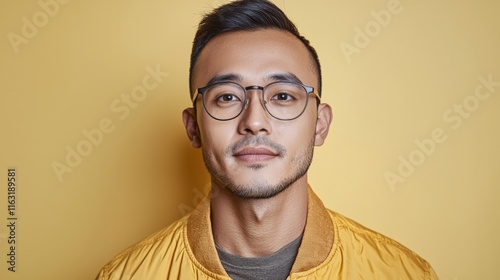 Portrait of a Confident Young Asian Man in Yellow Jacket and Glasses