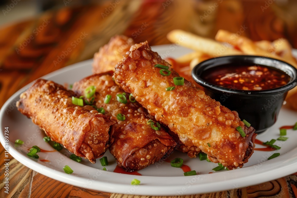 Crispy spring rolls served with dipping sauce and crispy fries on a wooden table in a casual dining setting Crispy spring rolls served with dipping sauce and crispy fries on a wooden table in a casual dining setting