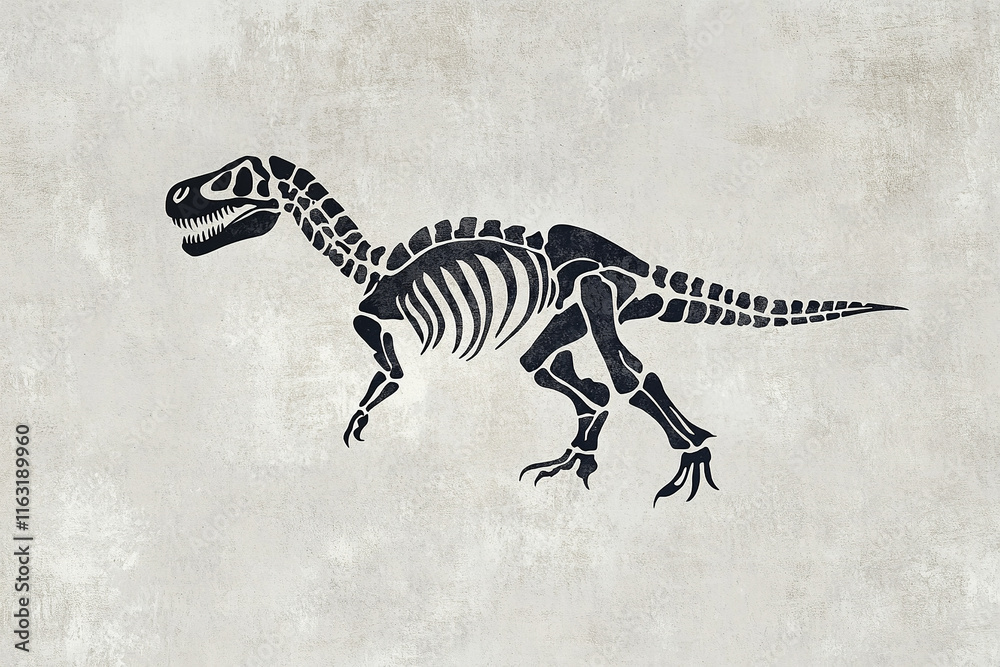 The image shows a black silhouette of a dinosaur skeleton set against a textured, light-colored background