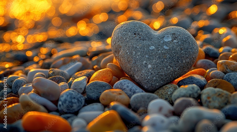 Obraz premium A heart-shaped stone rests among colorful pebbles, illuminated by sunset reflections, creating a serene and romantic beach scene.