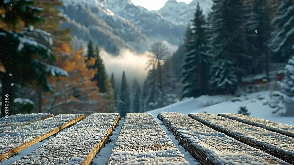 A wooden bench covered with snow in the foreground, with a beautiful snowy mountain view in the background.