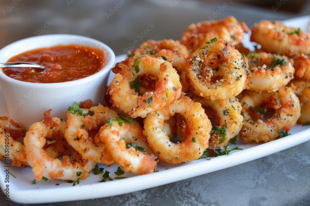 Crispy fried calamari served with marinara sauce and fresh parsley at a cozy seafood restaurant in the evening Crispy fried calamari served with marinara sauce and fresh parsley at a cozy seafood restaurant in the evening