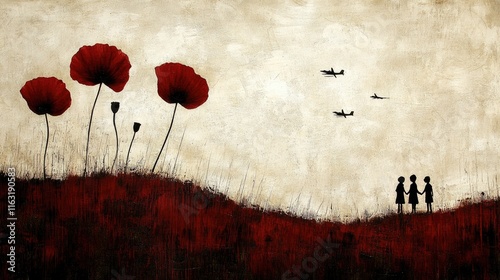 Silhouetted family on red field with poppies and planes in rustic skyscape Happy ANZAC Day, Lest We Forget