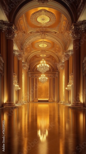 Grand golden ballroom with luxurious chandeliers  ornate columns. Elegant  opulent interior design. Perfect for royal ceremony presentation. Rich golden light shines through crystal chandeliers.