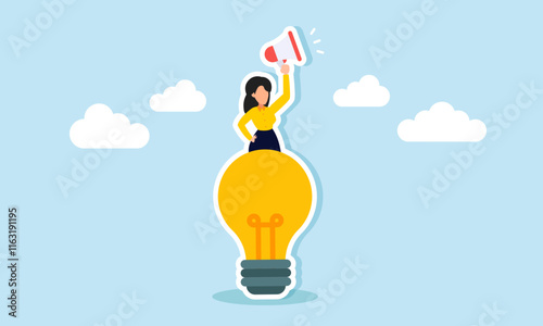 A businesswoman announcing something from atop a lamp by raise a megaphone, illustration of education in researching ideas and business innovations relevant to market trends