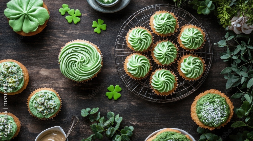 Green-themed cupcakes with shamrock decorations on rustic wooden table. Happy St. Patrick's Day Green-themed cupcakes with shamrock decorations on rustic wooden table. Happy St. Patrick's Day