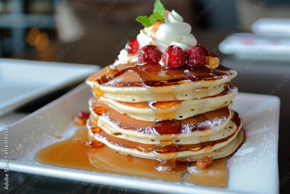 Fluffy pancakes topped with whipped cream and syrup served on a plate in a cozy diner setting during breakfast hours Fluffy pancakes topped with whipped cream and syrup served on a plate in a cozy diner setting during breakfast hours