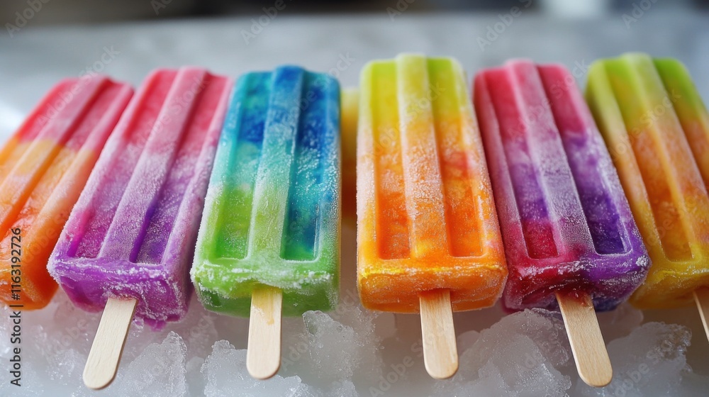 Rainbow Popsicles on Ice: A Delightful Summer Treat, Vibrant Colors and Refreshing Texture Rainbow Popsicles on Ice: A Delightful Summer Treat, Vibrant Colors and Refreshing Texture