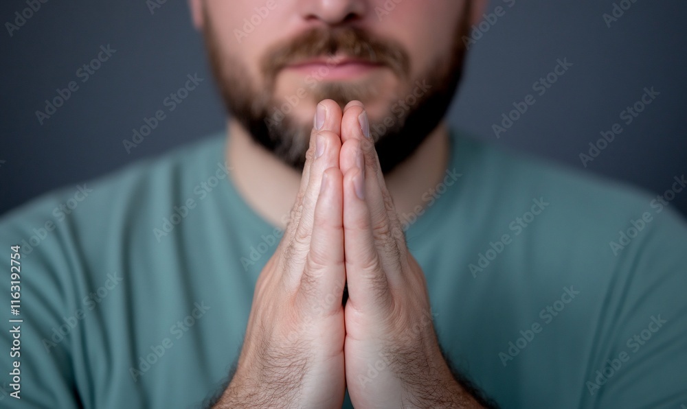 A man with hands clasped in a gesture of contemplation or prayer. A man with hands clasped in a gesture of contemplation or prayer.
