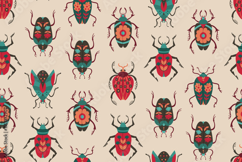 Beetles seamless pattern whimsical folk art insects. Different fantasy bugs with patterned wings boundless ornament. Bugs endless design for paper print, fabric textile, wrapper backdrop template