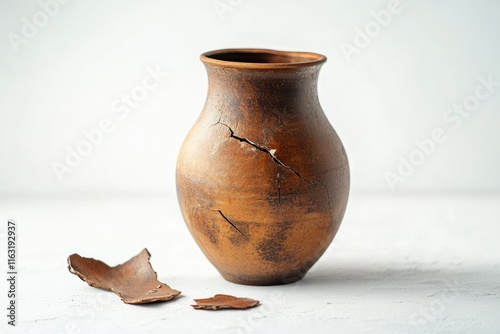 Cracked earthenware vessel with broken shard photo