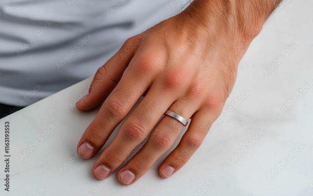 Caucasian male hand wearing wedding band on marble surface Caucasian male hand wearing wedding band on marble surface